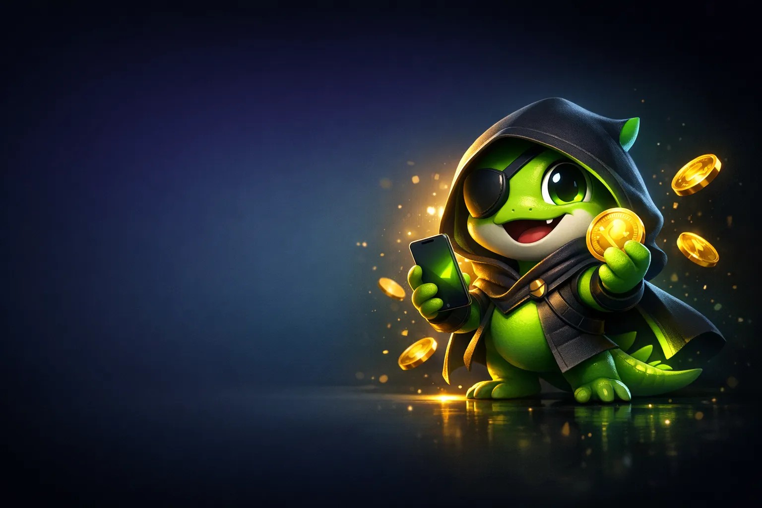 Futuristic glowing BC Game app mascot robot with deep navy background and gold accent lighting for mobile download page